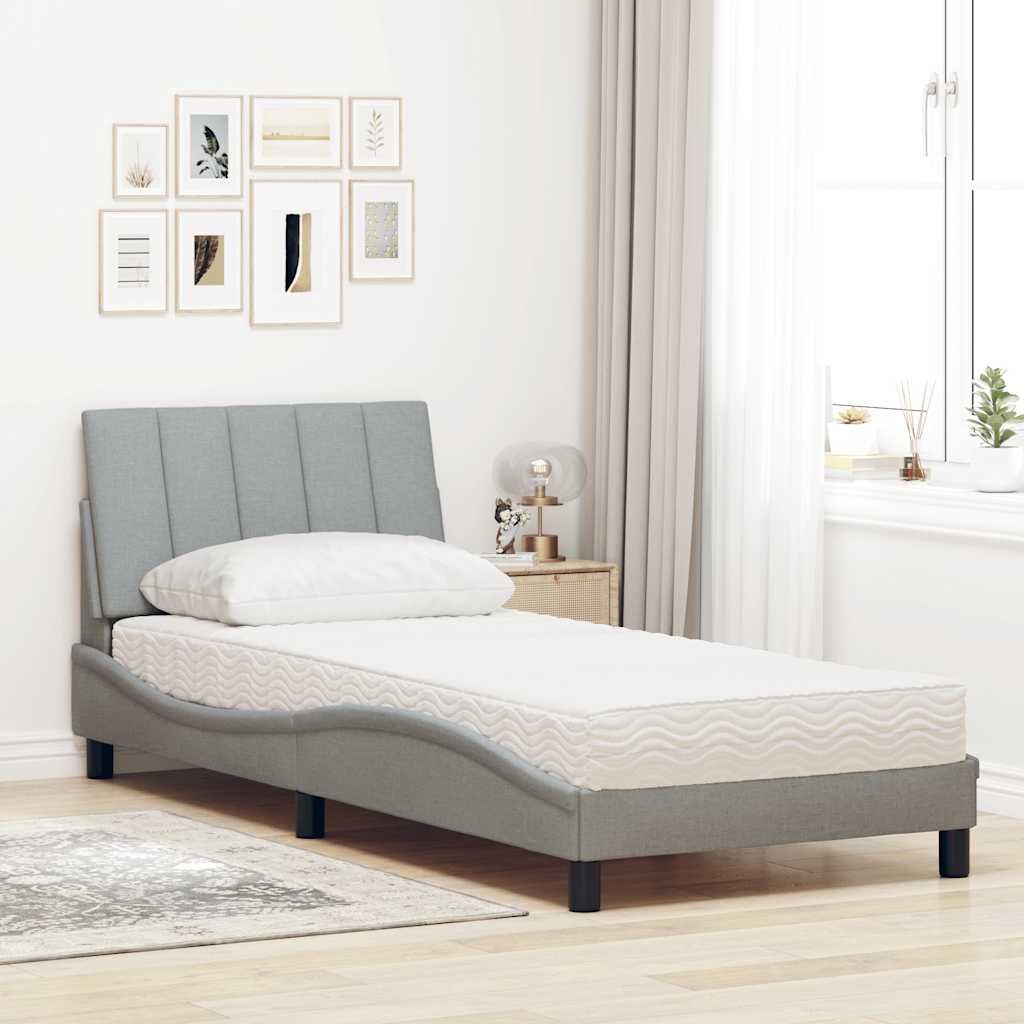 Bed with light gray mattress 90x200 cm fabric