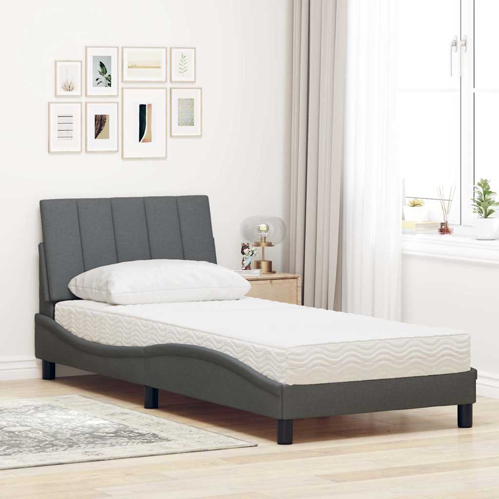 Bed with dark gray mattress 90x200 cm fabric