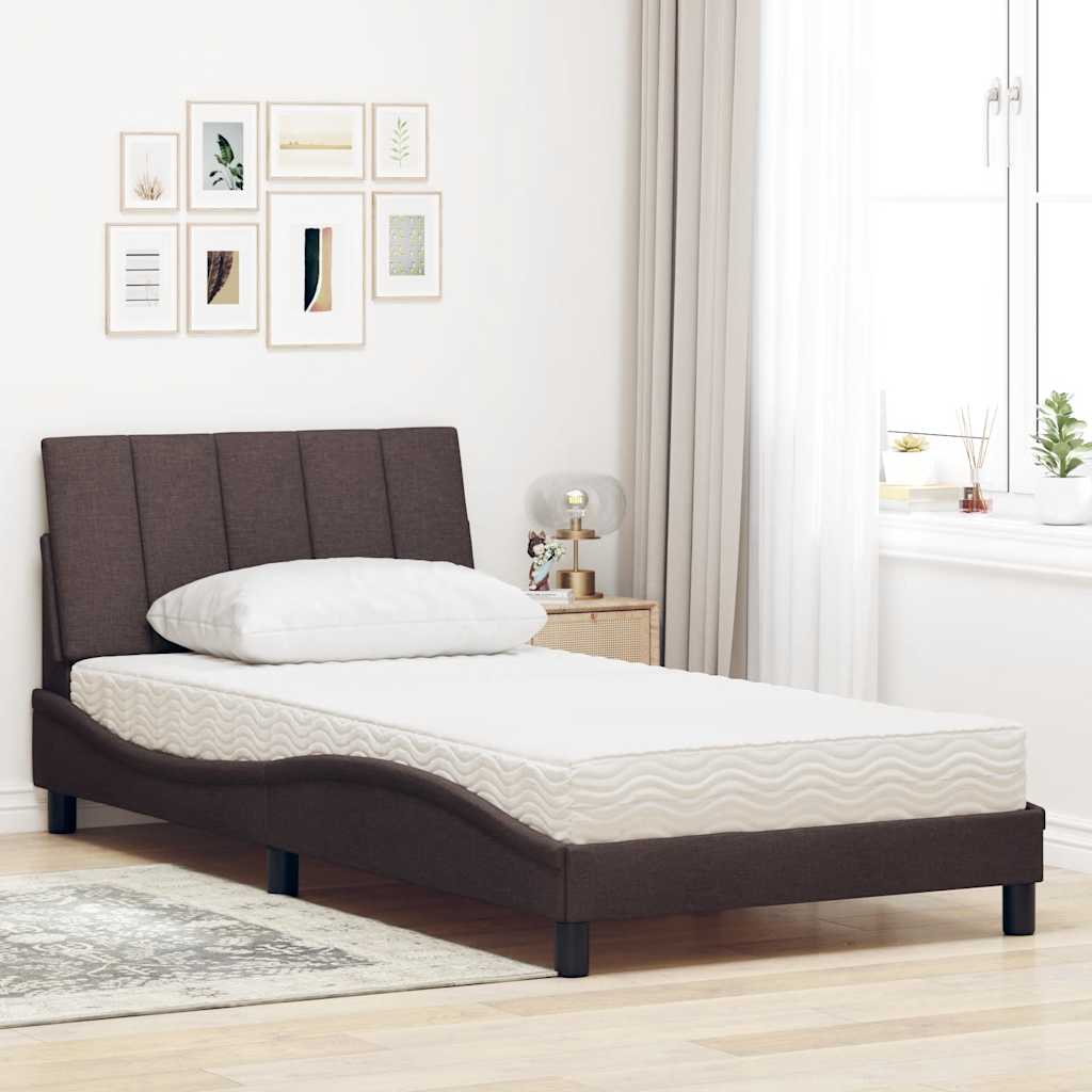 Bed with dark brown mattress 100x200 cm fabric