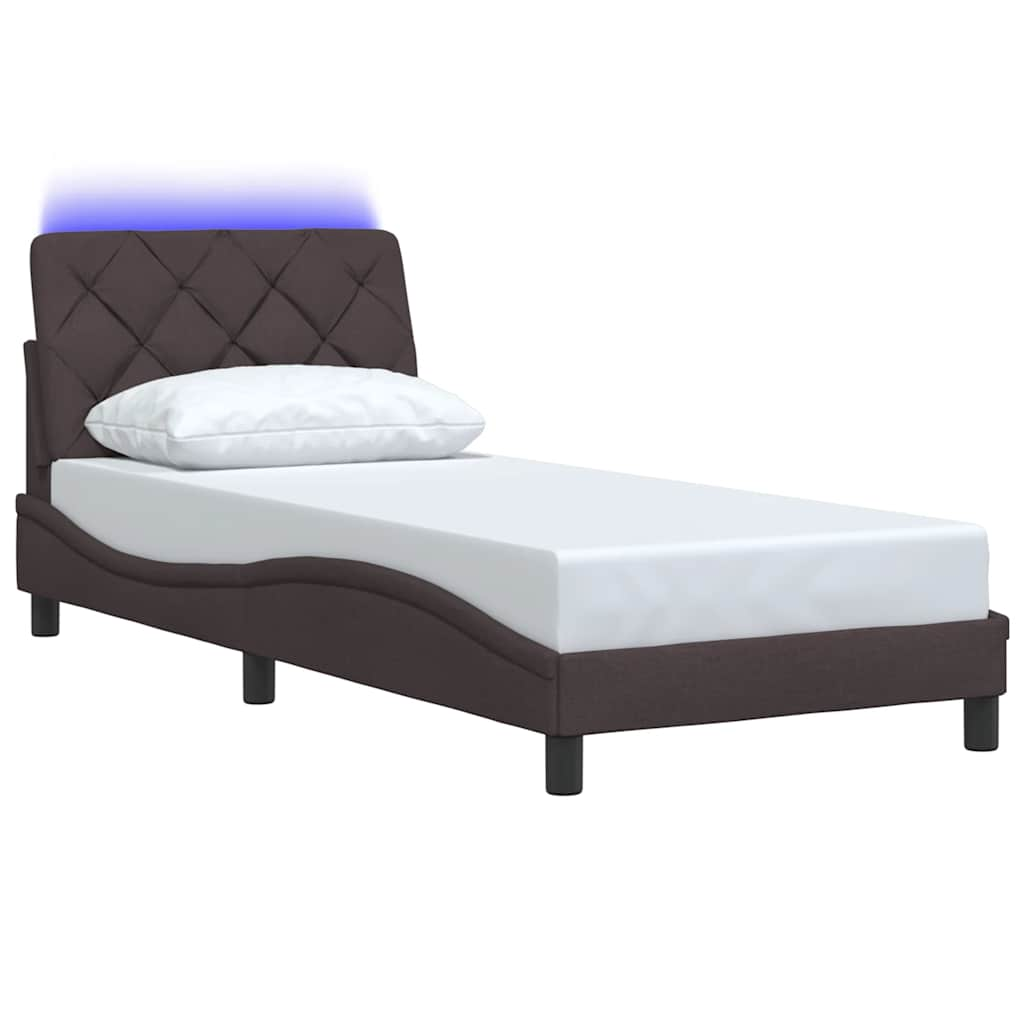 Cadre de lit avec LED sans matelas marron foncé 90x200 cm tissu