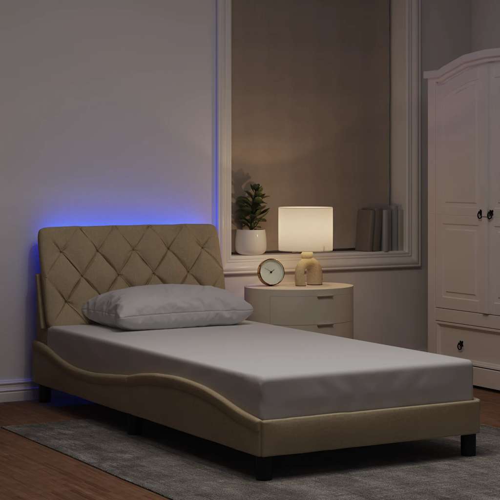 Cadre de lit avec LED sans matelas crème 100x200 cm tissu