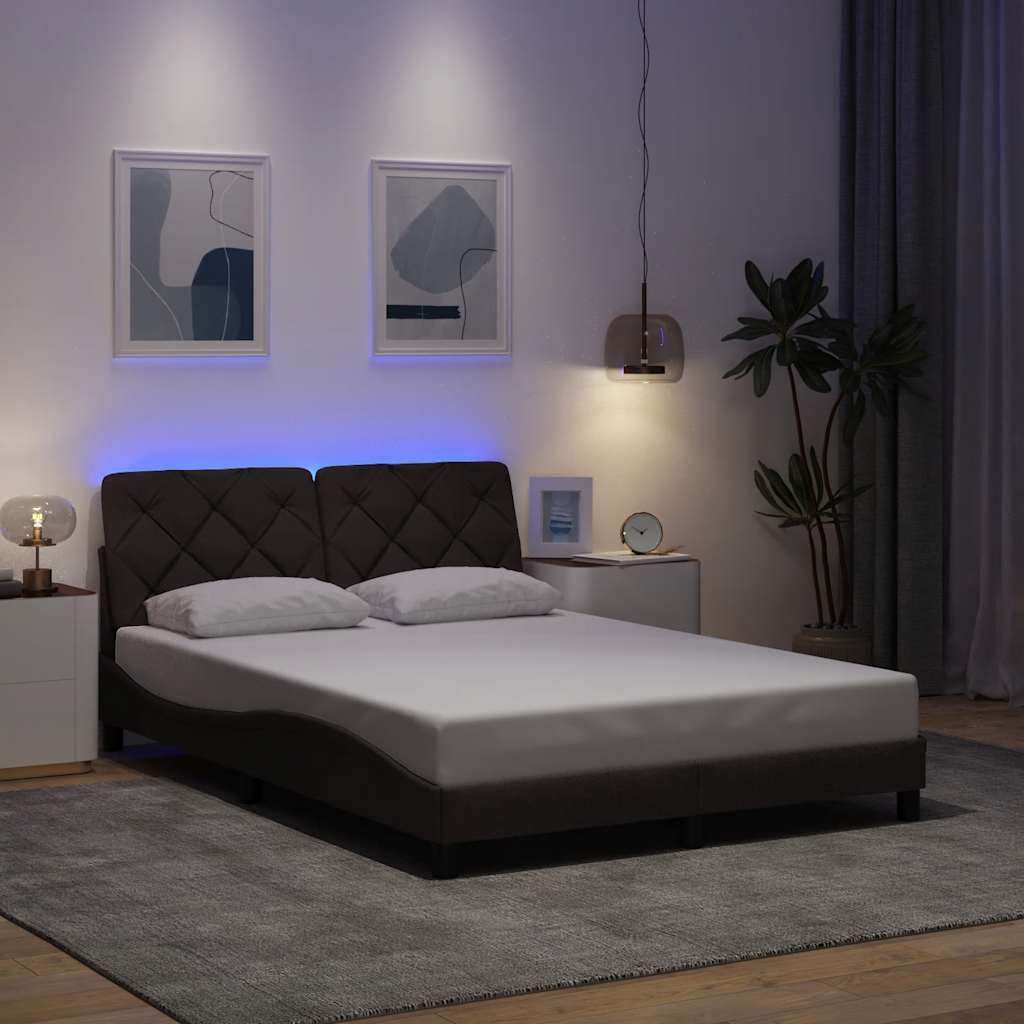 Cadre de lit avec LED sans matelas marron foncé 120x200cm tissu