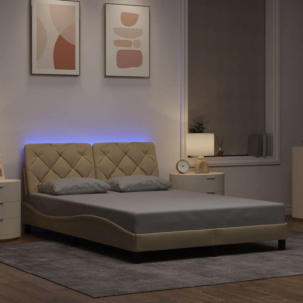 Cadre de lit avec LED sans matelas crème 140x190 cm tissu