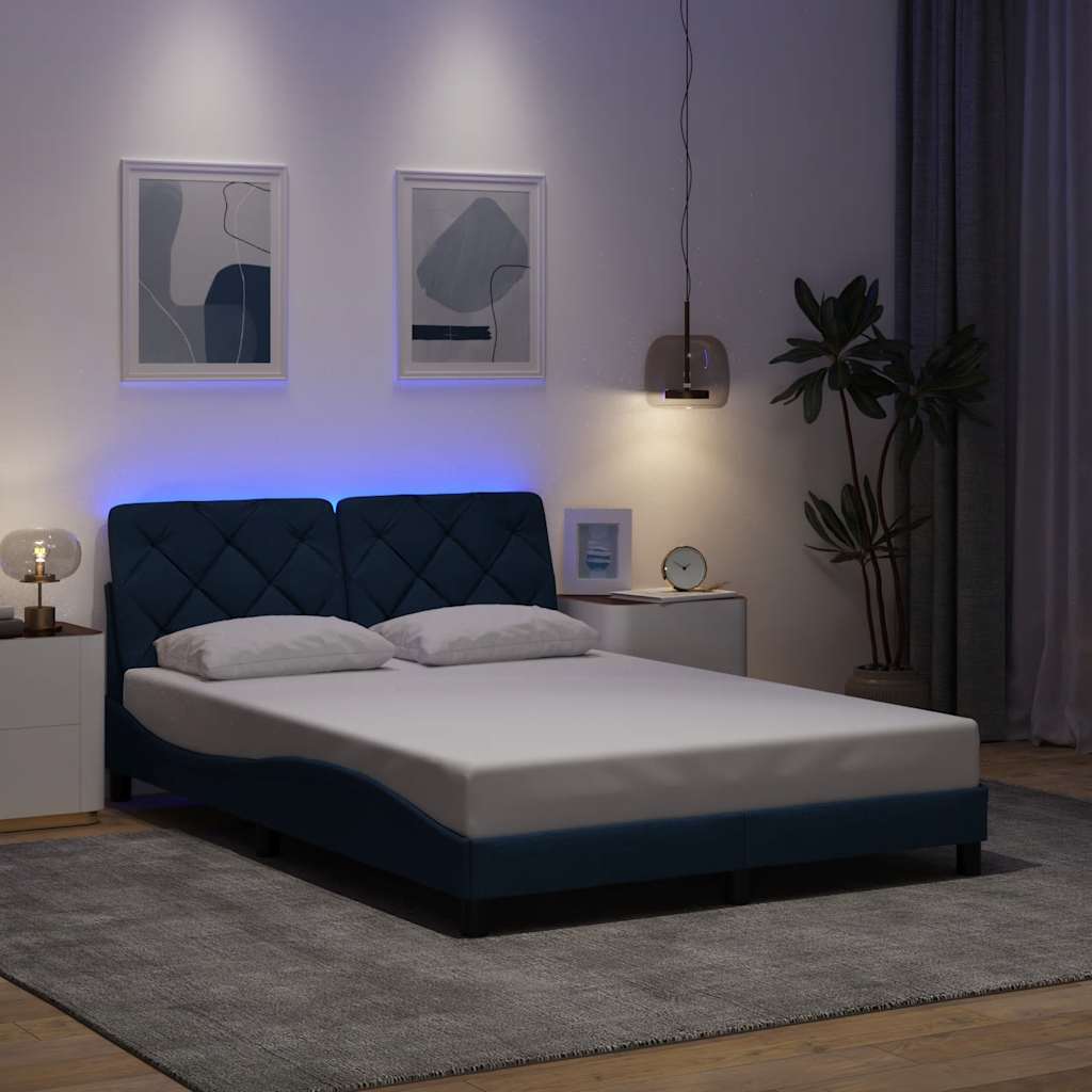 Cadre de lit avec LED sans matelas bleu 140x190 cm tissu