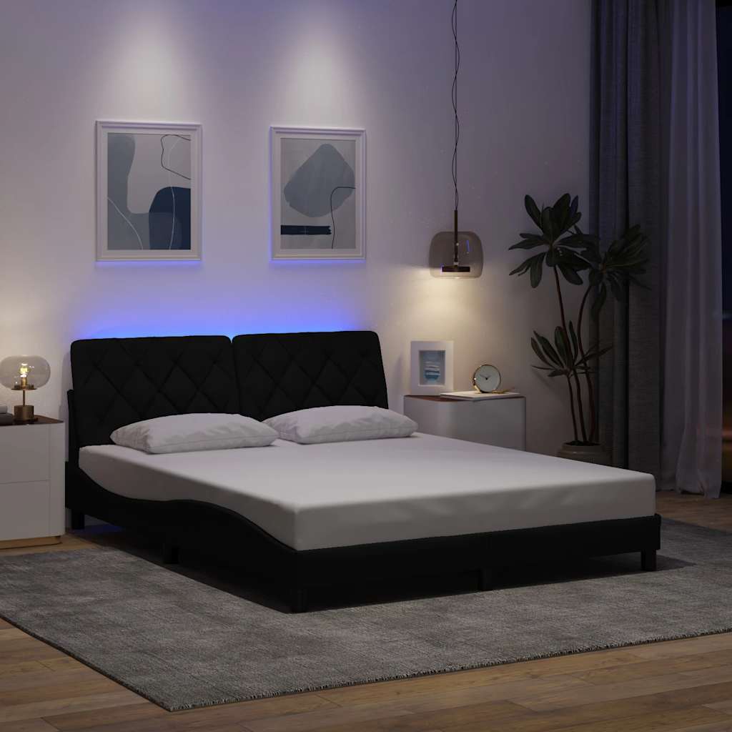 Bed frame with LED without mattress black 160x200 cm fabric