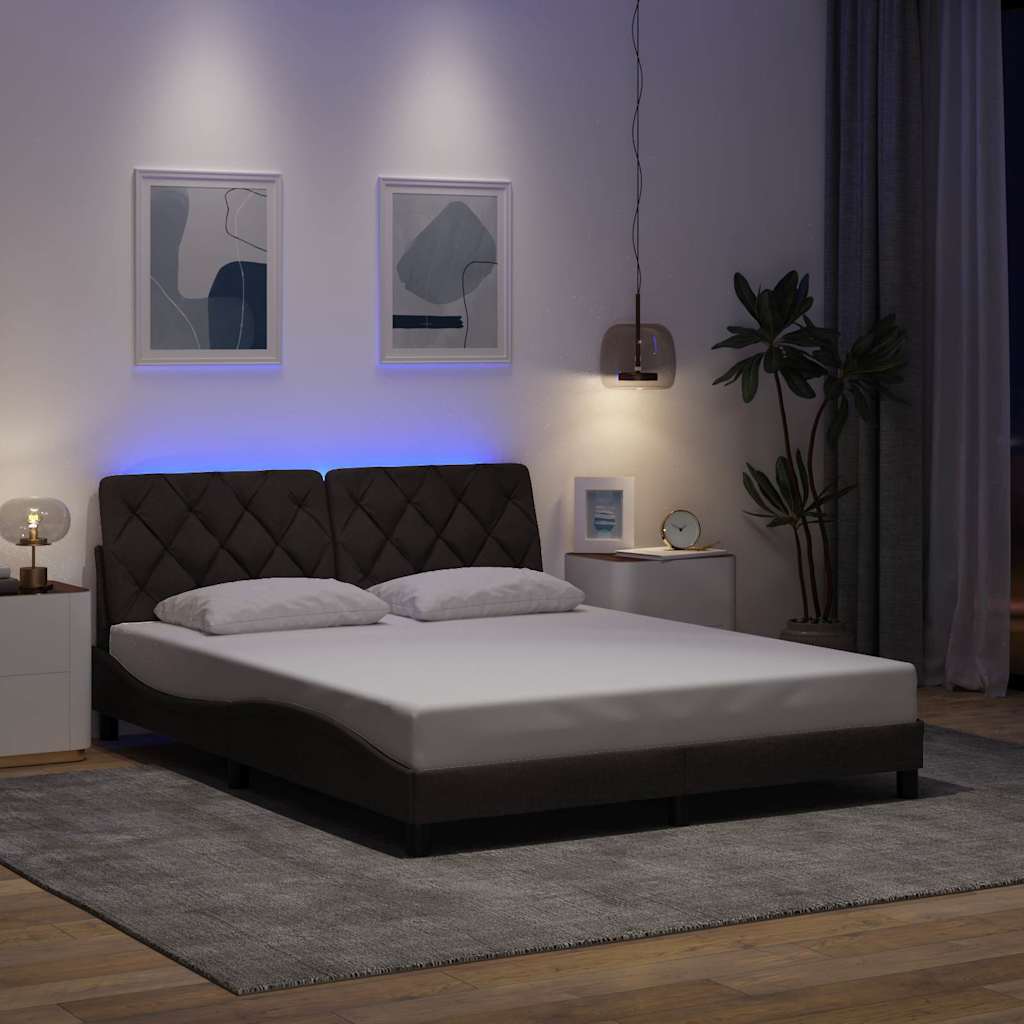 Cadre de lit avec LED sans matelas marron foncé 160x200cm tissu