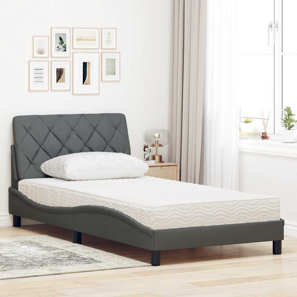 Lit avec matelas gris foncé 100x200 cm tissu