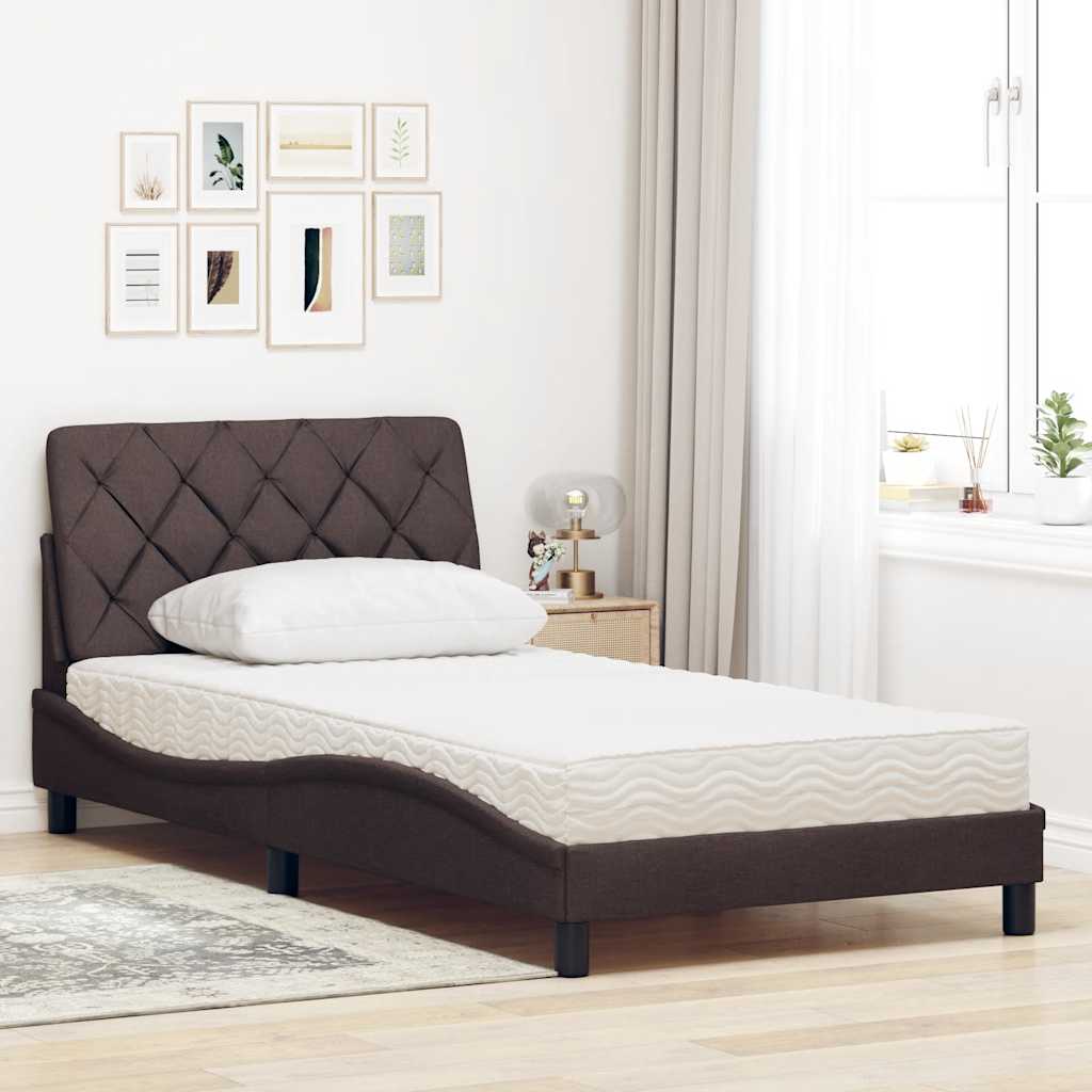 Bed with dark brown mattress 100x200 cm fabric