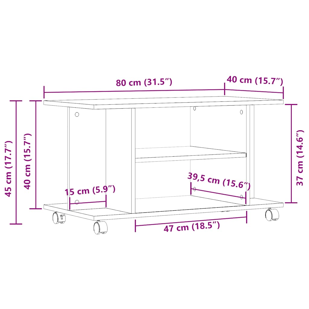 Meuble TV roulettes chêne artisanal 80x40x45 cm bois ingénierie