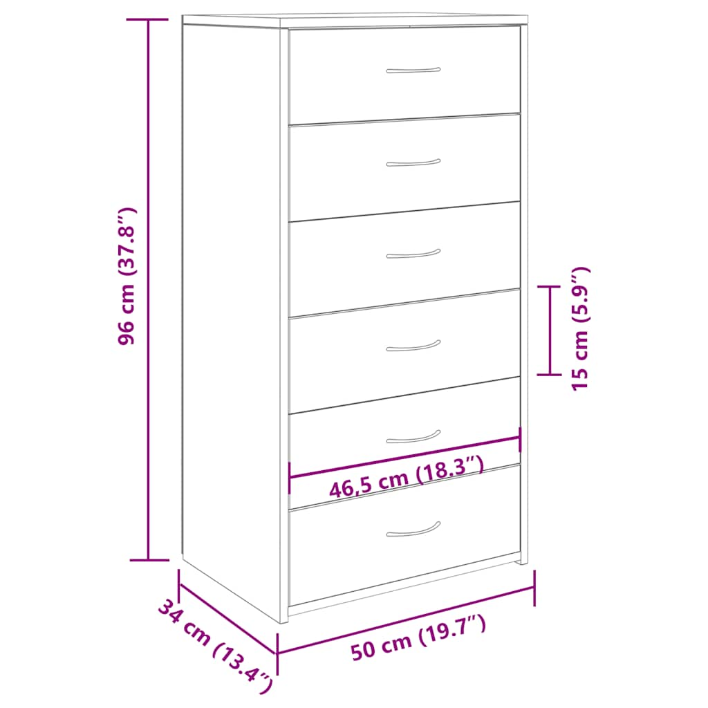 Buffet avec 6 tiroirs vieux bois 50x34x96 cm bois d'ingénierie