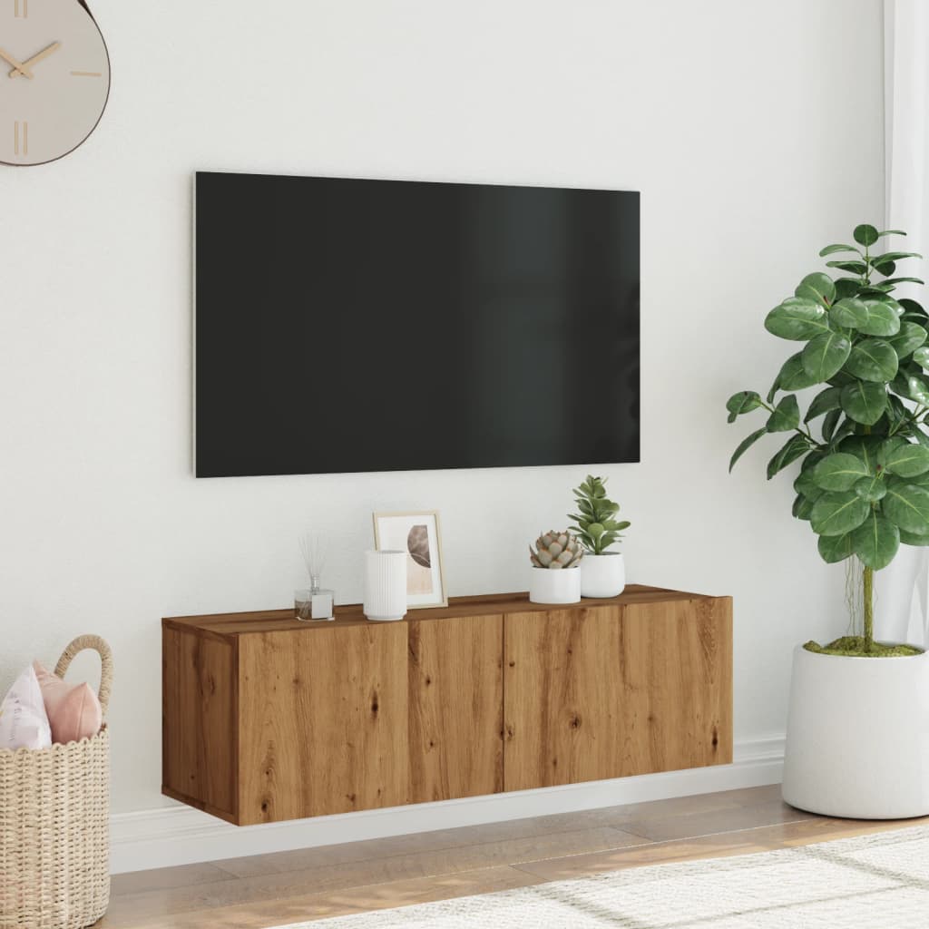 Meuble TV mural chêne artisanal 100x30x30 cm bois d'ingénierie