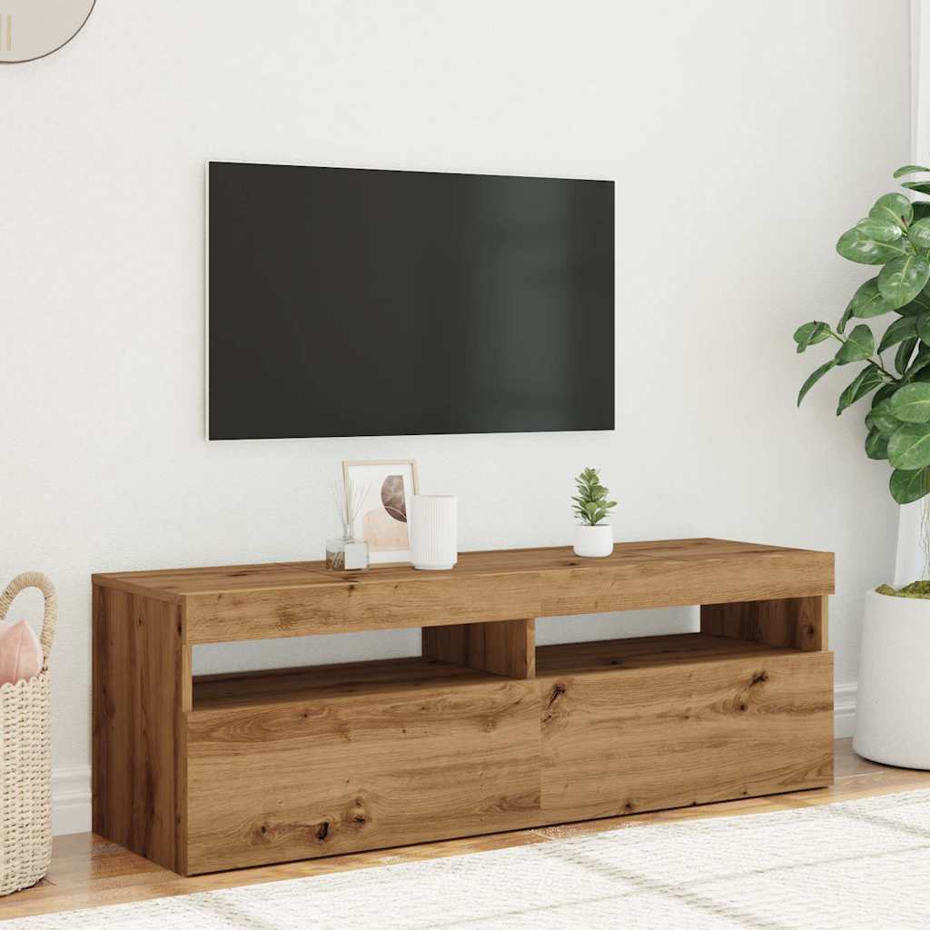 Meuble TV avec lumières LED chêne artisanal bois d'ingénierie