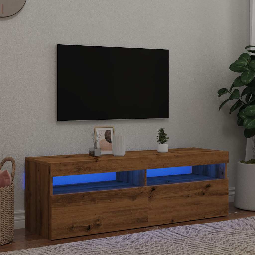 Meuble TV avec lumières LED chêne artisanal bois d'ingénierie