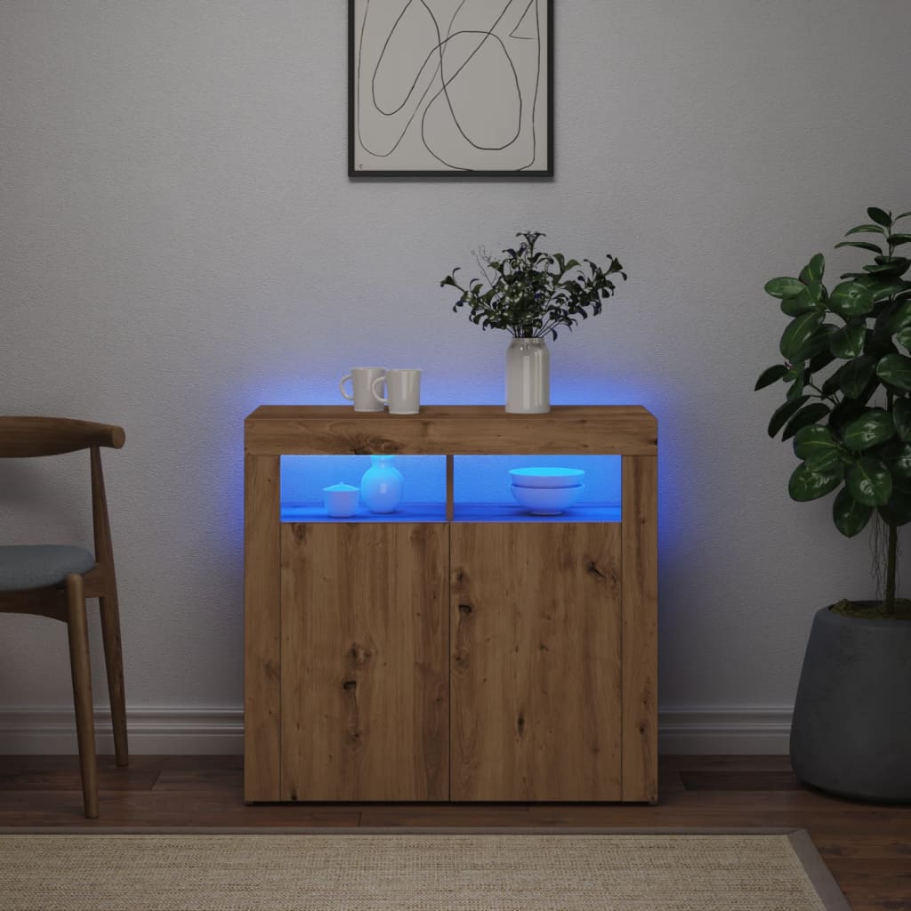 Buffet avec lumières LED chêne artisanal bois d'ingénierie