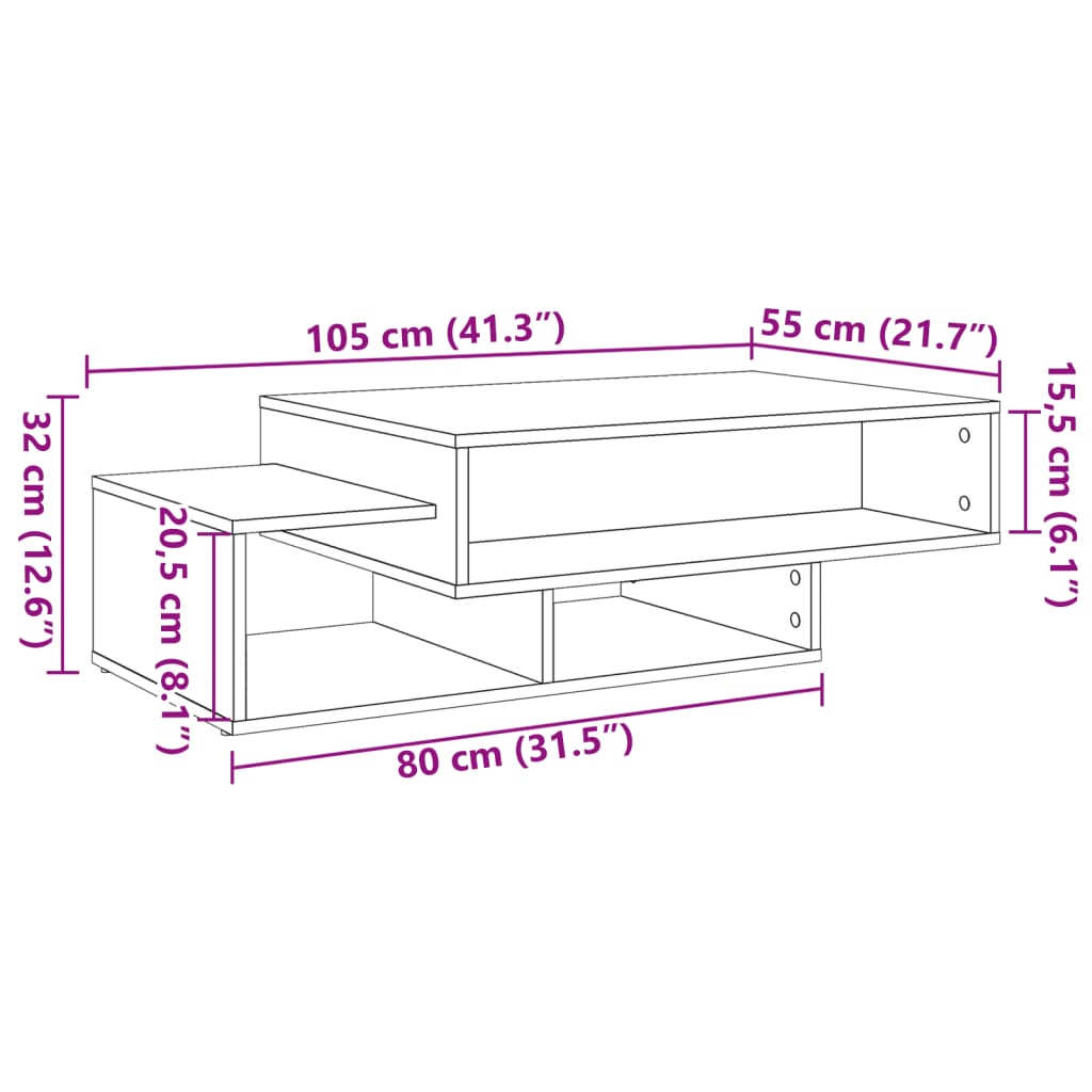 Table basse chêne artisanal 105x55x32 cm bois d'ingénierie