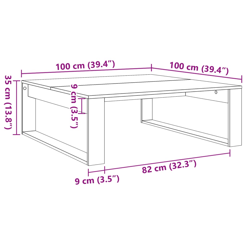 Table basse chêne artisanal 100x100x35 cm bois d'ingénierie