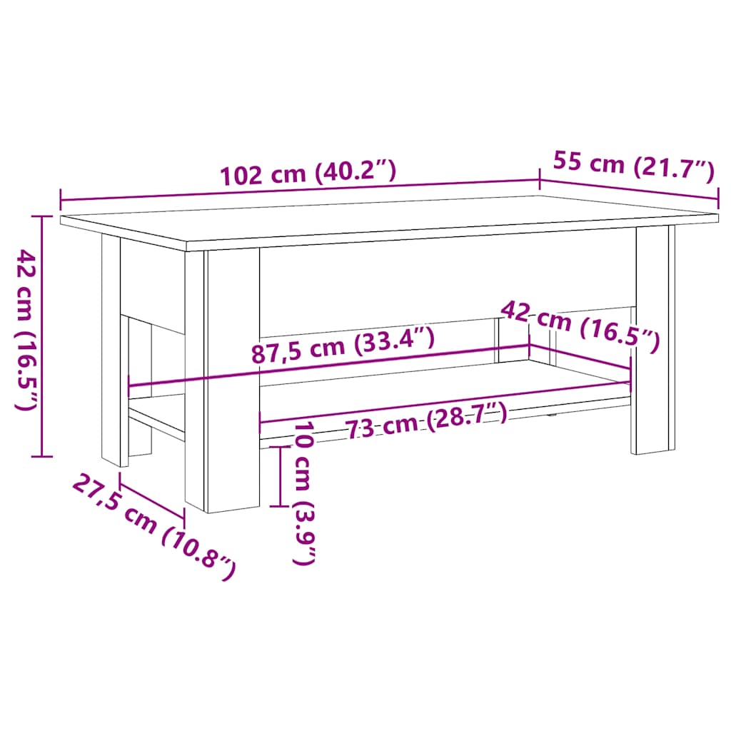 Table basse chêne artisanal 102x55x42 cm bois d'ingénierie