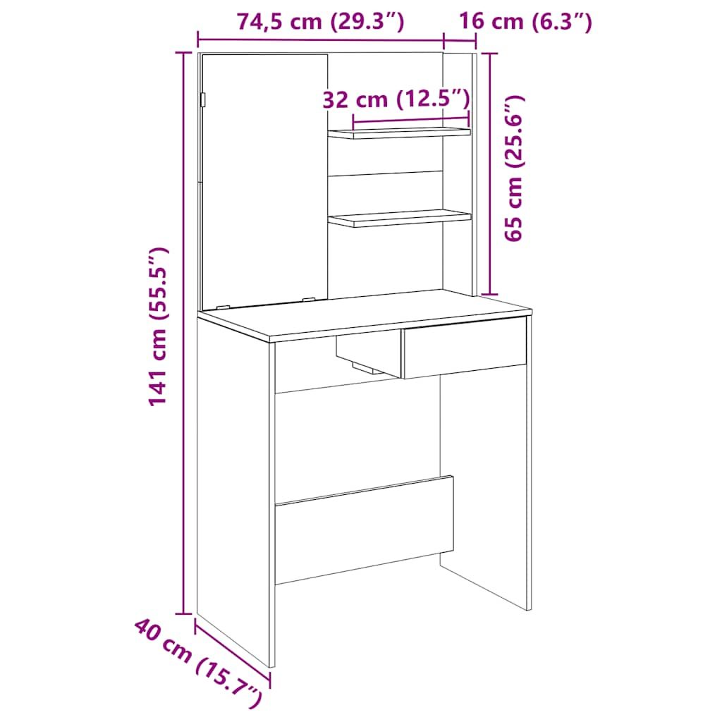 Schminktisch mit handgefertigtem Eichenspiegel 74,5x40x141 cm