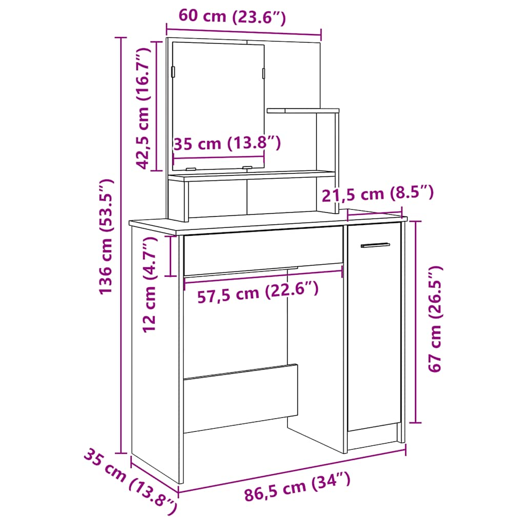 Schminktisch mit handgefertigtem Eichenspiegel 86,5x35x136 cm