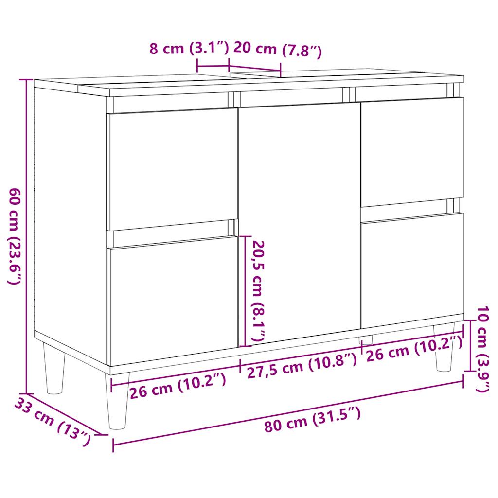 Meuble d'évier gris béton 80x33x60 cm bois d'ingénierie