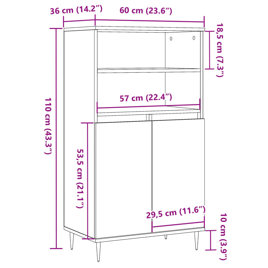 Buffet haut vieux bois 60x36x110 cm bois d'ingénierie