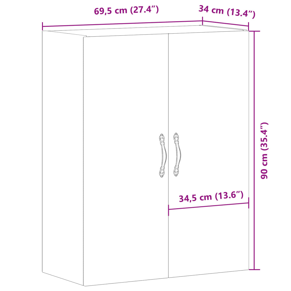 Handgefertigter Wandschrank aus Eichenholz, 69,5 x 34 x 90 cm, Holzwerkstoff