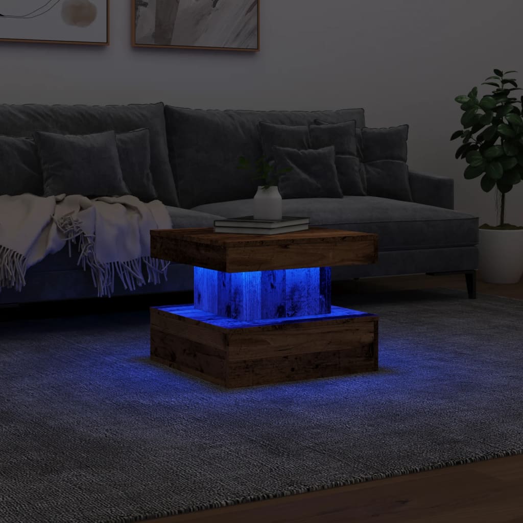 Table basse avec lumières LED vieux bois 50x50x40 cm