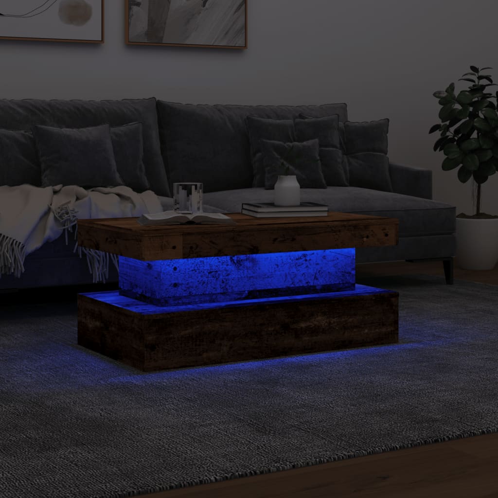 Table basse avec lumières LED vieux bois 90x50x40 cm