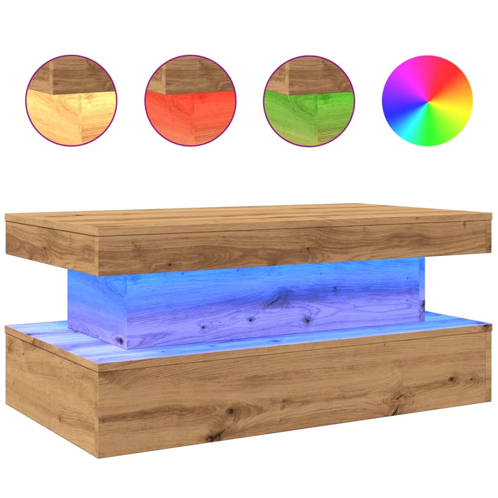 Table basse avec lumières LED chêne artisanal 90x50x40 cm