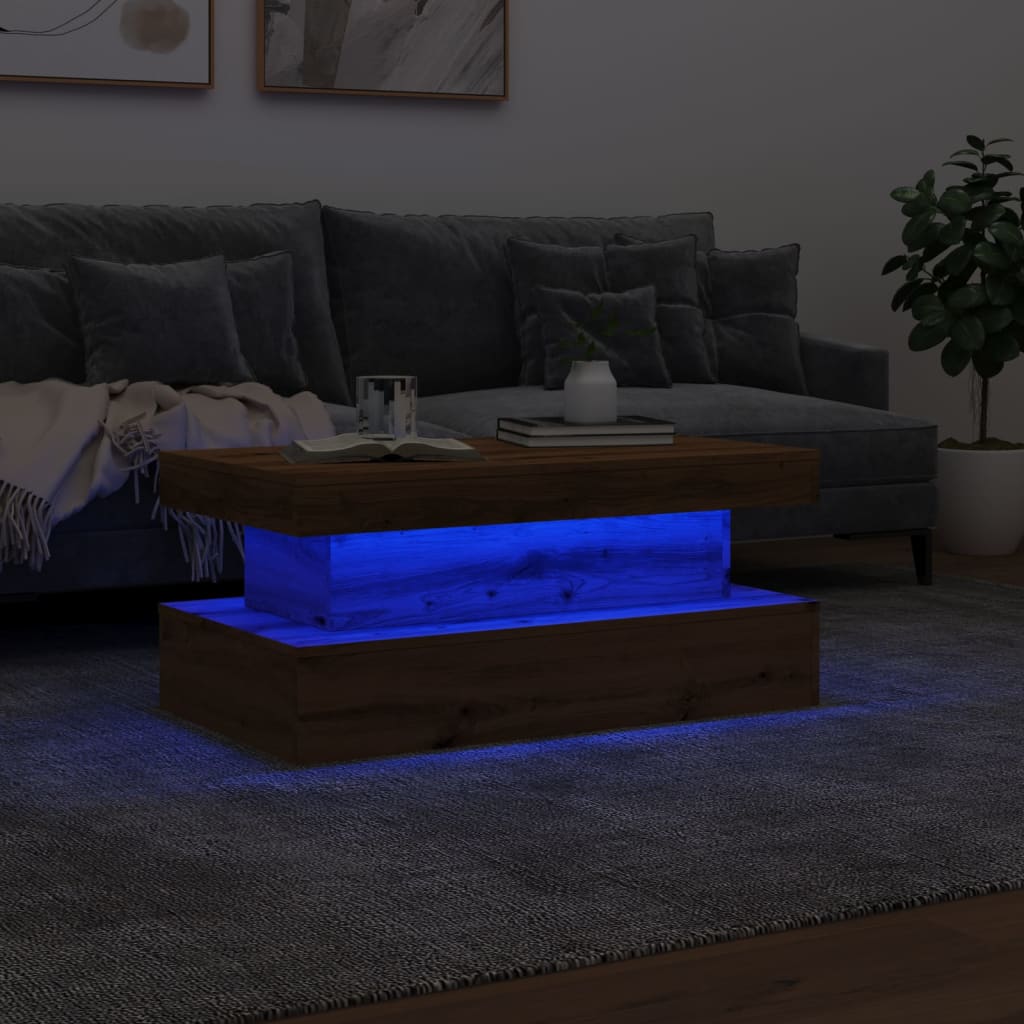 Table basse avec lumières LED chêne artisanal 90x50x40 cm