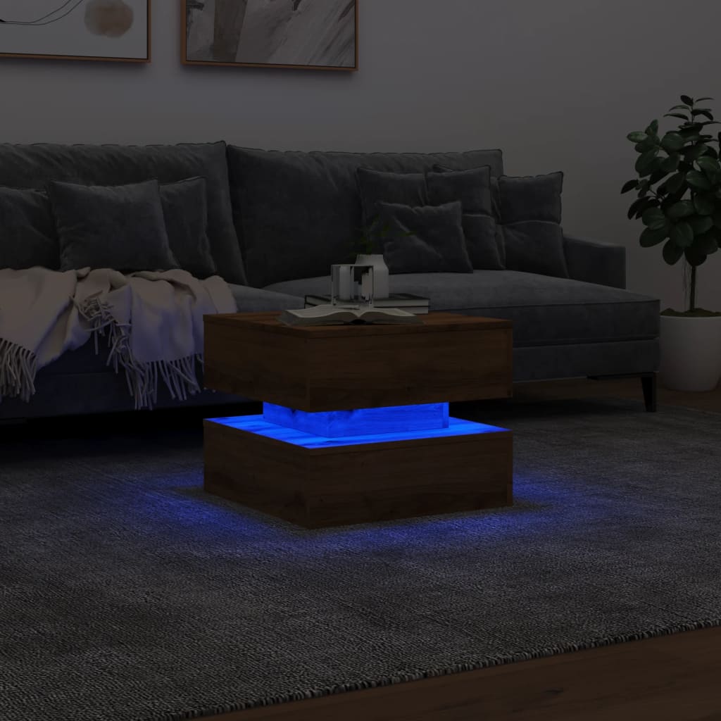 Table basse avec lumières LED chêne artisanal 50x50x40 cm