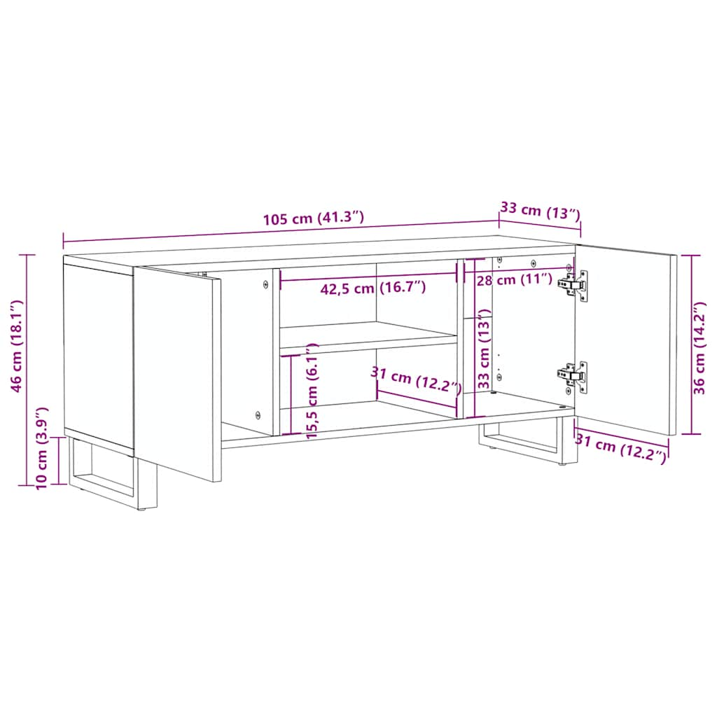 Schwarzer TV-Schrank 105x33x46 cm aus massivem Mangoholz