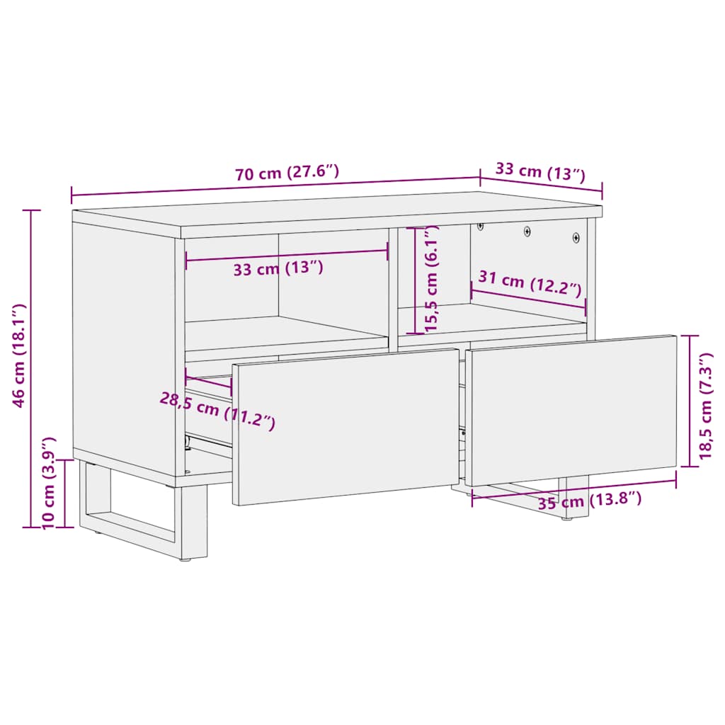 Meuble TV noir 70x33x46 cm bois massif de manguier