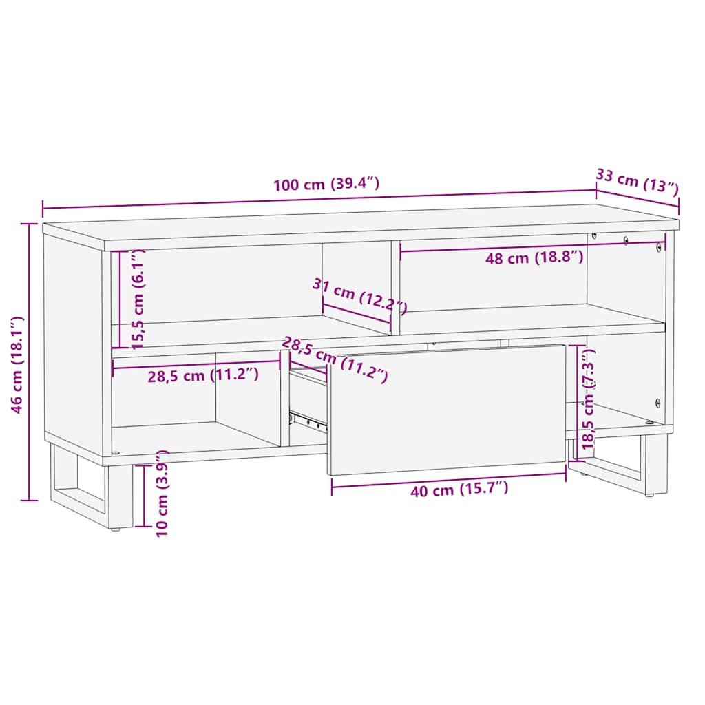 Schwarzer TV-Schrank 100x33x46 cm aus massivem Mangoholz