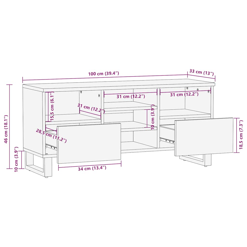 Schwarzer TV-Schrank 100x33x46 cm aus massivem Mangoholz