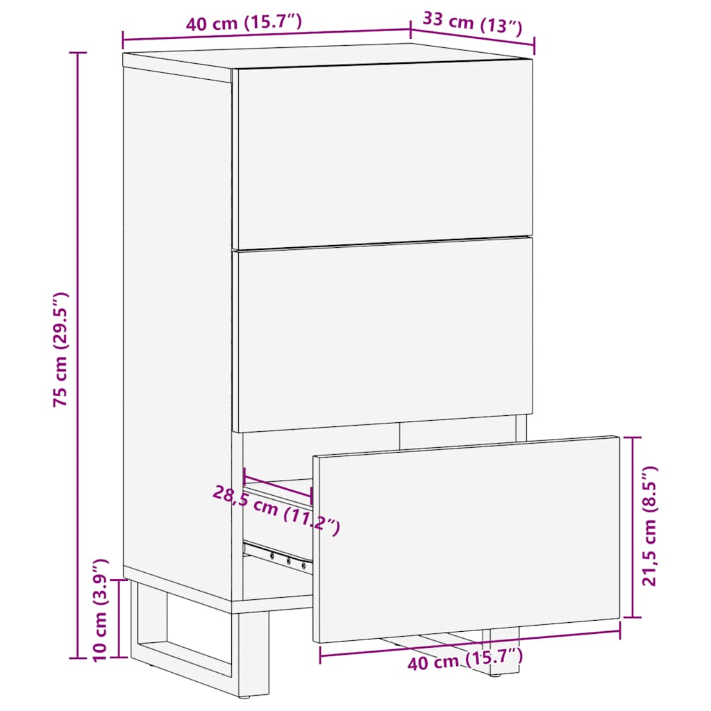 Schwarzes Sideboard 40x33x75 cm aus massivem Mangoholz