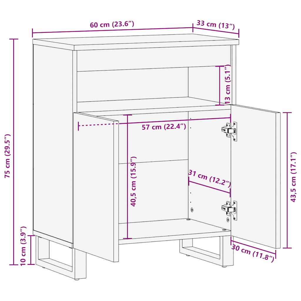 Buffet noir 60x33x75 cm bois massif de manguier