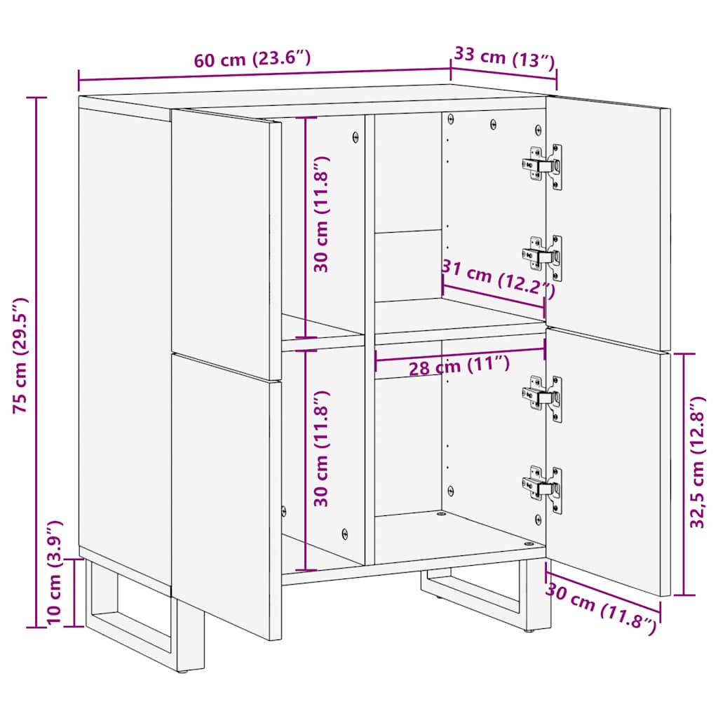 Buffet noir 60x33x75 cm bois massif de manguier