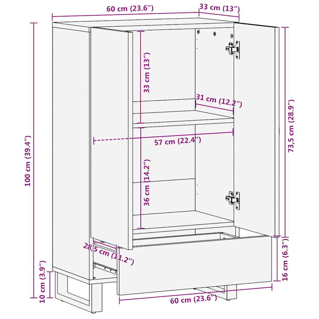 Schwarzes Sideboard 60x33x100 cm aus massivem Mangoholz