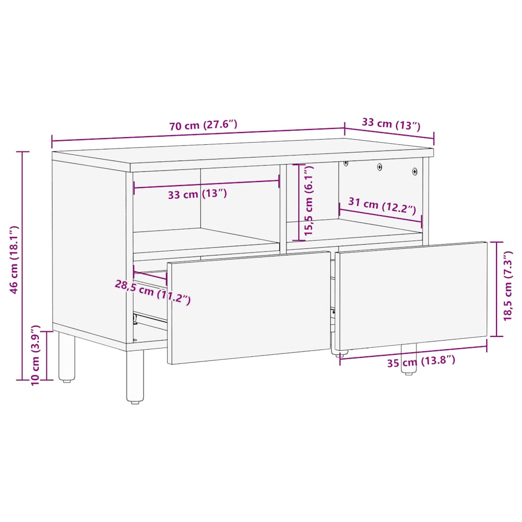 Meuble TV marron 70x33x46 cm bois massif de manguier