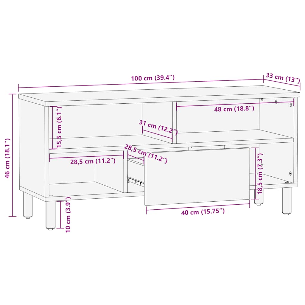 Meuble TV marron 100x33x46 cm bois massif de manguier