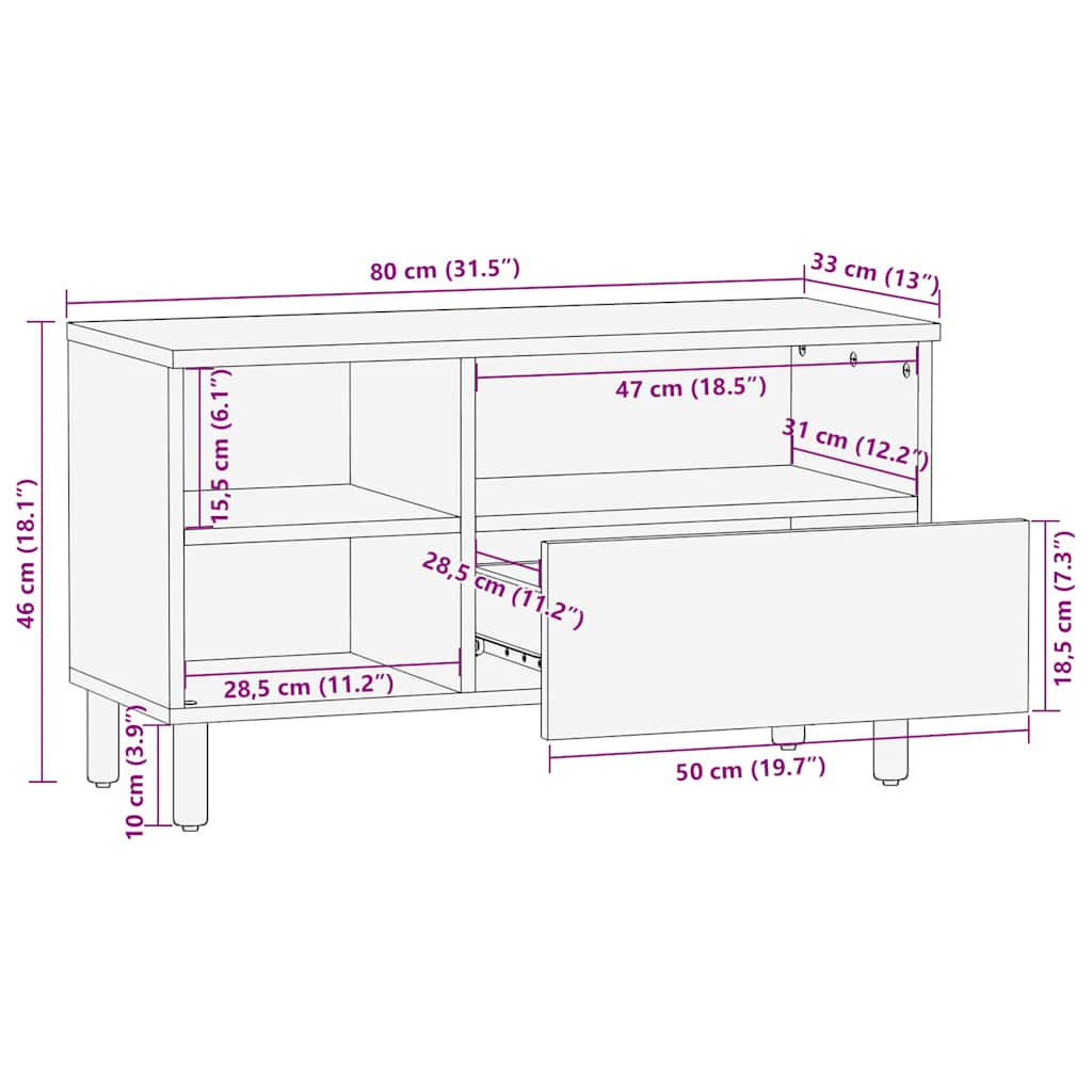 Meuble TV marron 80x33x46 cm bois massif de manguier