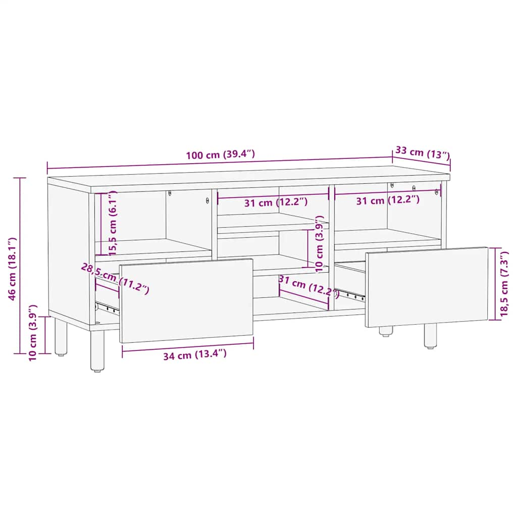 Meuble TV marron 100x33x46 cm bois massif de manguier