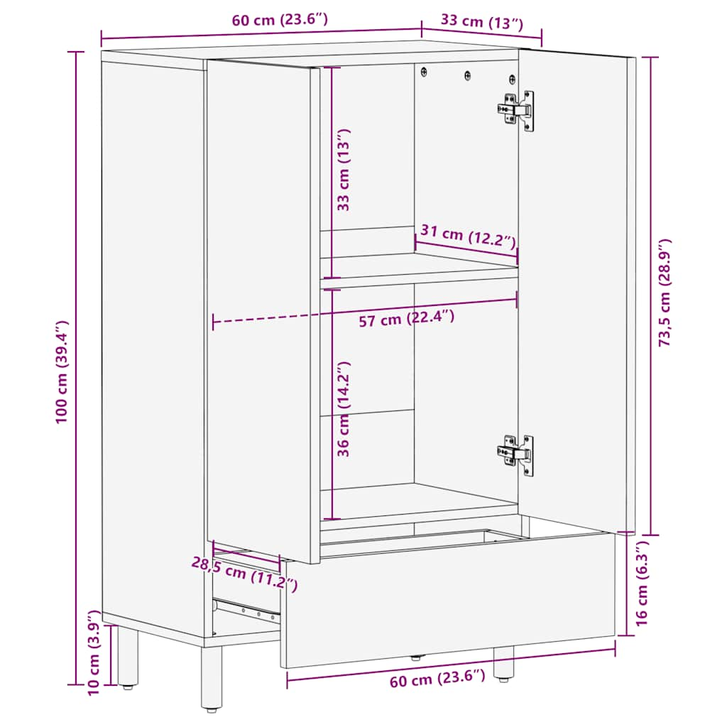 Buffet marron 60x33x100 cm bois de manguier massif