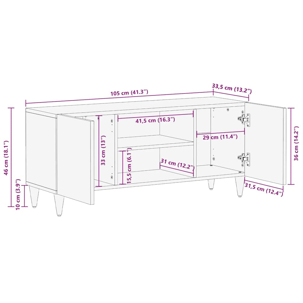 Meuble TV gris clair 105x33,5x46 cm bois massif de manguier