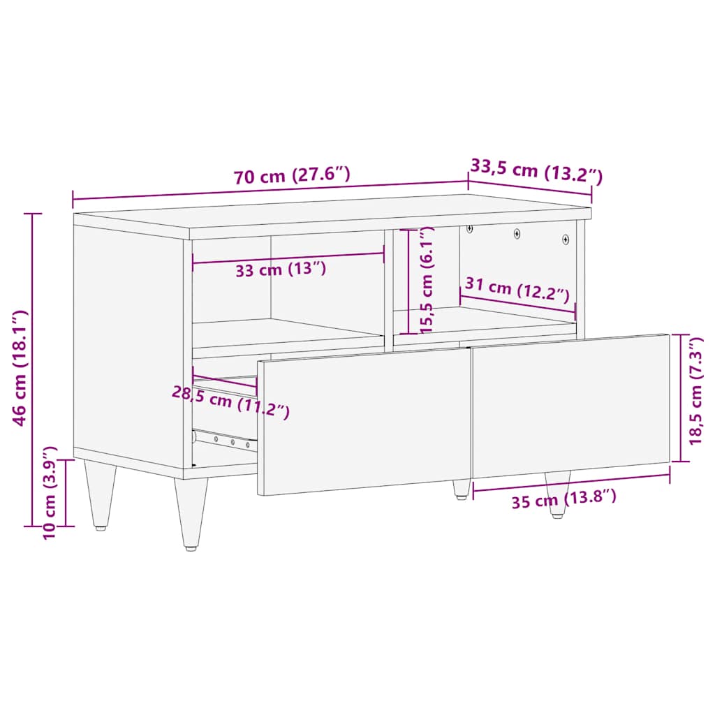 Meuble TV gris clair 70x33,5x46 cm bois massif de manguier