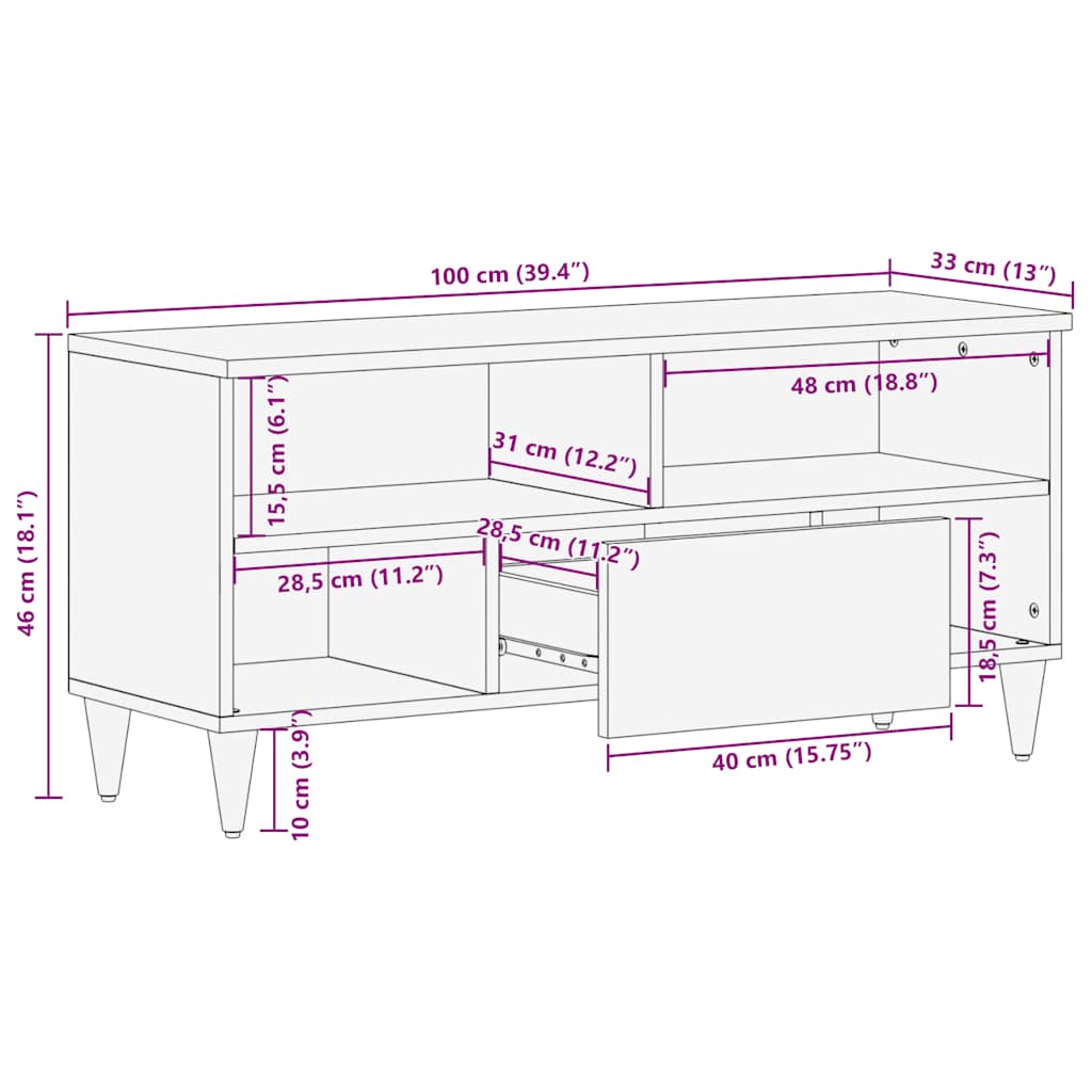 Meuble TV noir 100x33x46 cm bois massif de manguier