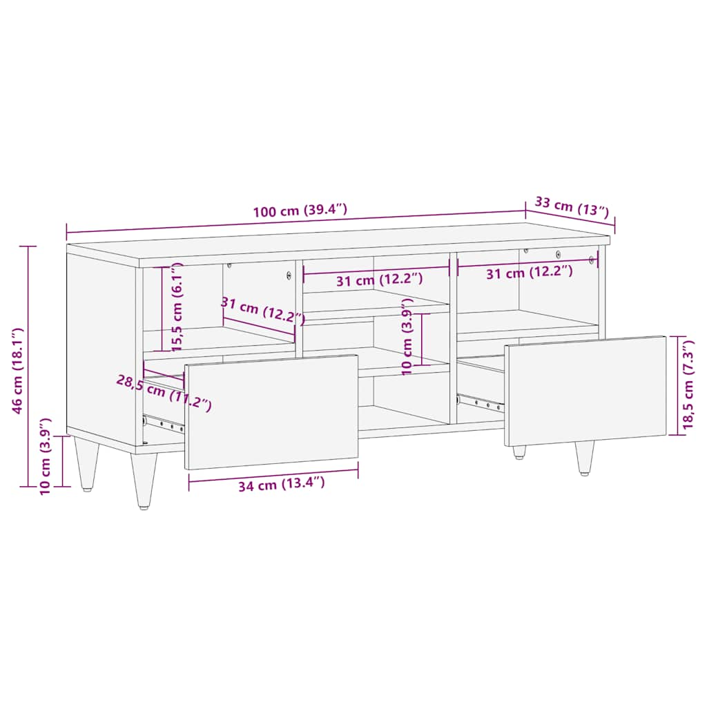 Meuble TV noir 100x33x46 cm bois massif de manguier