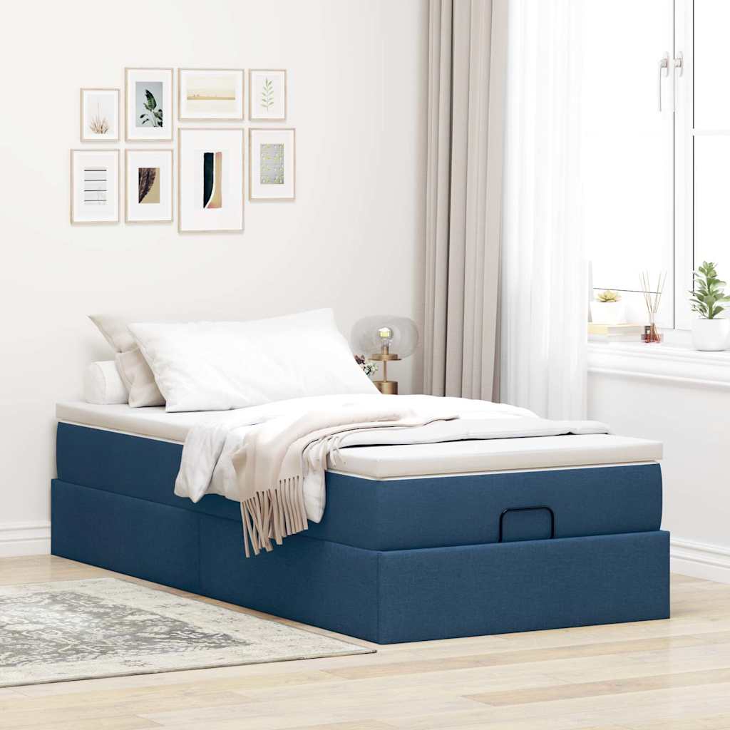 Cadre de lit ottoman avec matelas bleu 80x200 cm tissu