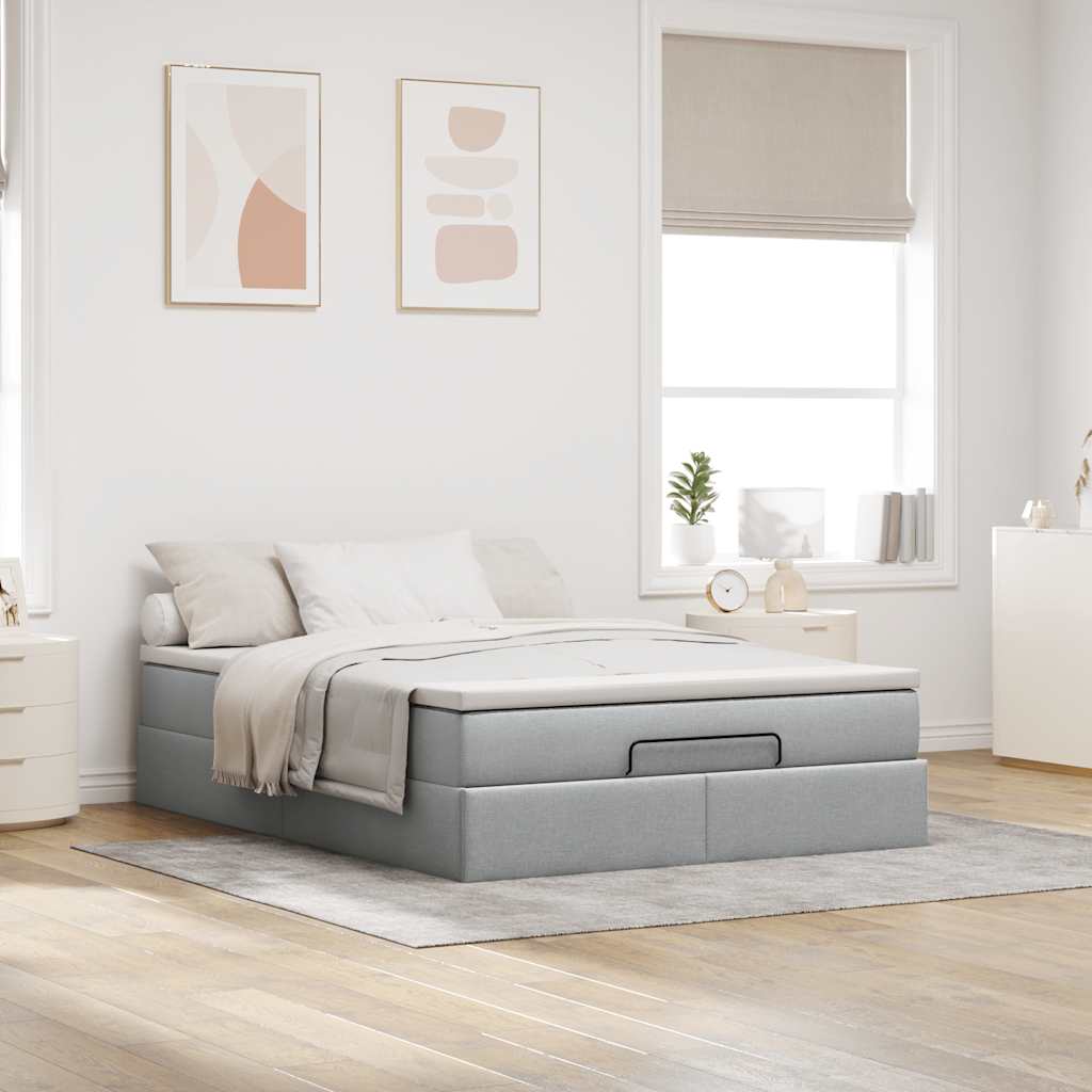 Cadre de lit ottoman et matelas gris clair 140x190 cm tissu